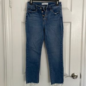Kancan button fly ankle cropped ripped stretchy jeans